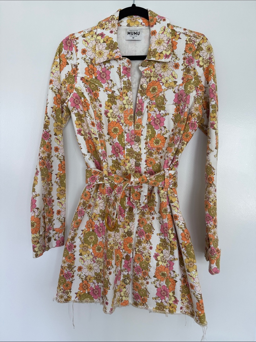 Mumu Floral Button-Front Mini Dress in White with Orange & Pink Flowers